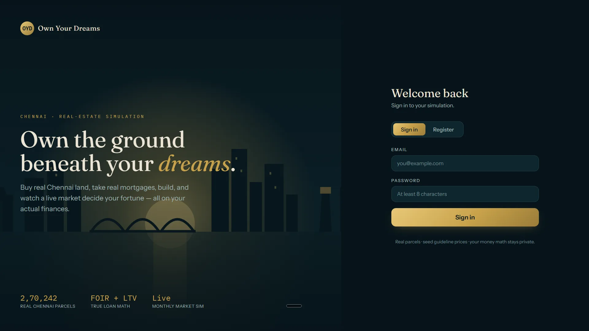Own Your Dreams, a Chennai real-estate simulation: the sign-in screen, with the headline 'Own the ground beneath your dreams' over a night skyline, and 2,70,242 real Chennai parcels, true loan maths and a live monthly market sim.